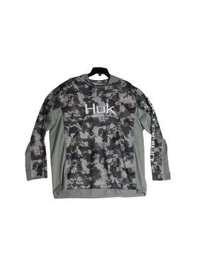 HUK FISHING Performance L/S Vented Grey Camo Hooded Fishing Shirt Men's 2XL
